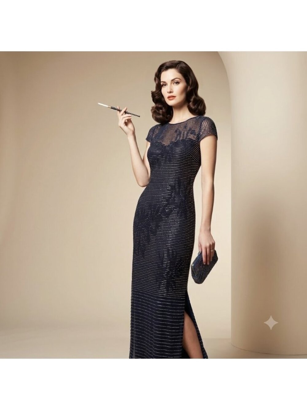 Aidan Mattox Beaded Gown 8 Navy Blue Maxi Dress Cap SS Formal Evening Elegant